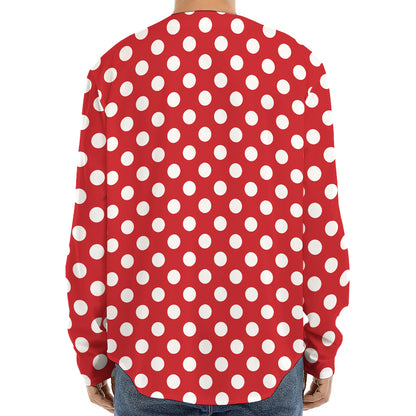 Red And White Polka Dot Pattern Print Long Sleeve Baseball Jersey