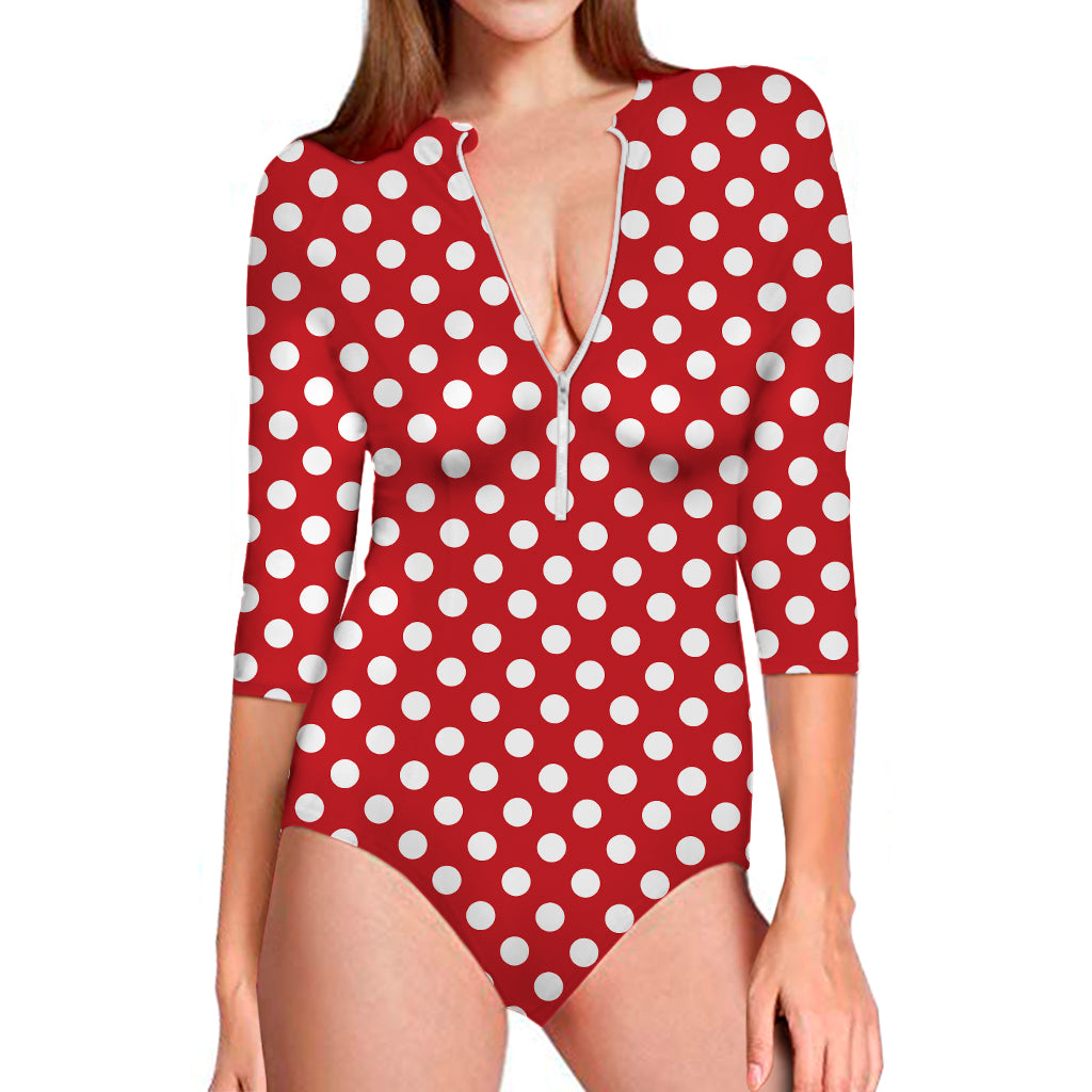 Red And White Polka Dot Pattern Print Long Sleeve Swimsuit