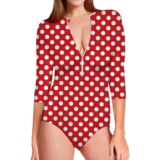 Red And White Polka Dot Pattern Print Long Sleeve Swimsuit