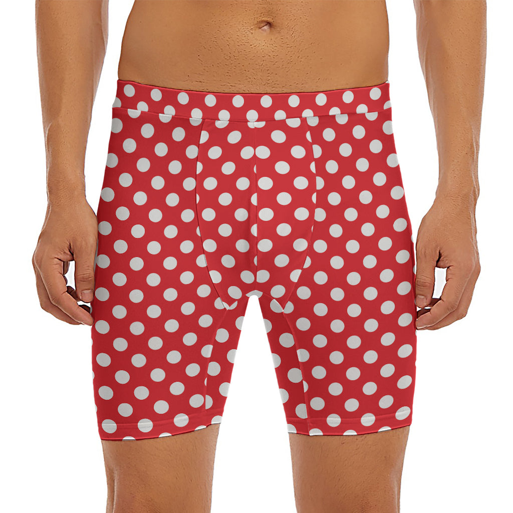 Red And White Polka Dot Pattern Print Men's Long Boxer Briefs
