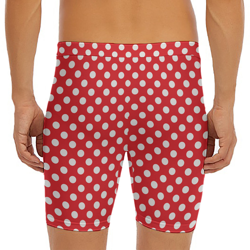 Red And White Polka Dot Pattern Print Men's Long Boxer Briefs
