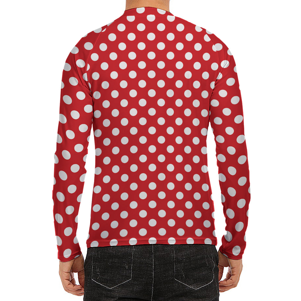 Red And White Polka Dot Pattern Print Men's Long Sleeve Rash Guard