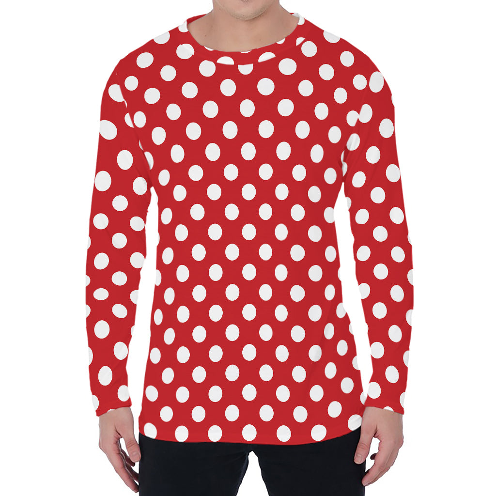 Red And White Polka Dot Pattern Print Men's Long Sleeve T-Shirt