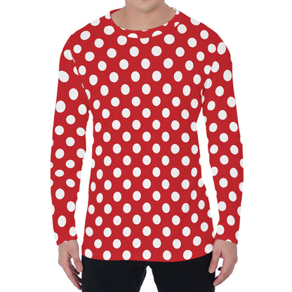 Red And White Polka Dot Pattern Print Men's Long Sleeve T-Shirt