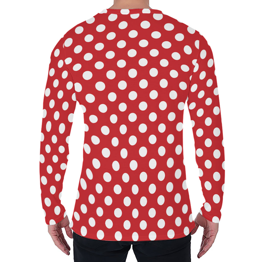 Red And White Polka Dot Pattern Print Men's Long Sleeve T-Shirt