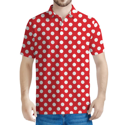 Red And White Polka Dot Pattern Print Men's Polo Shirt