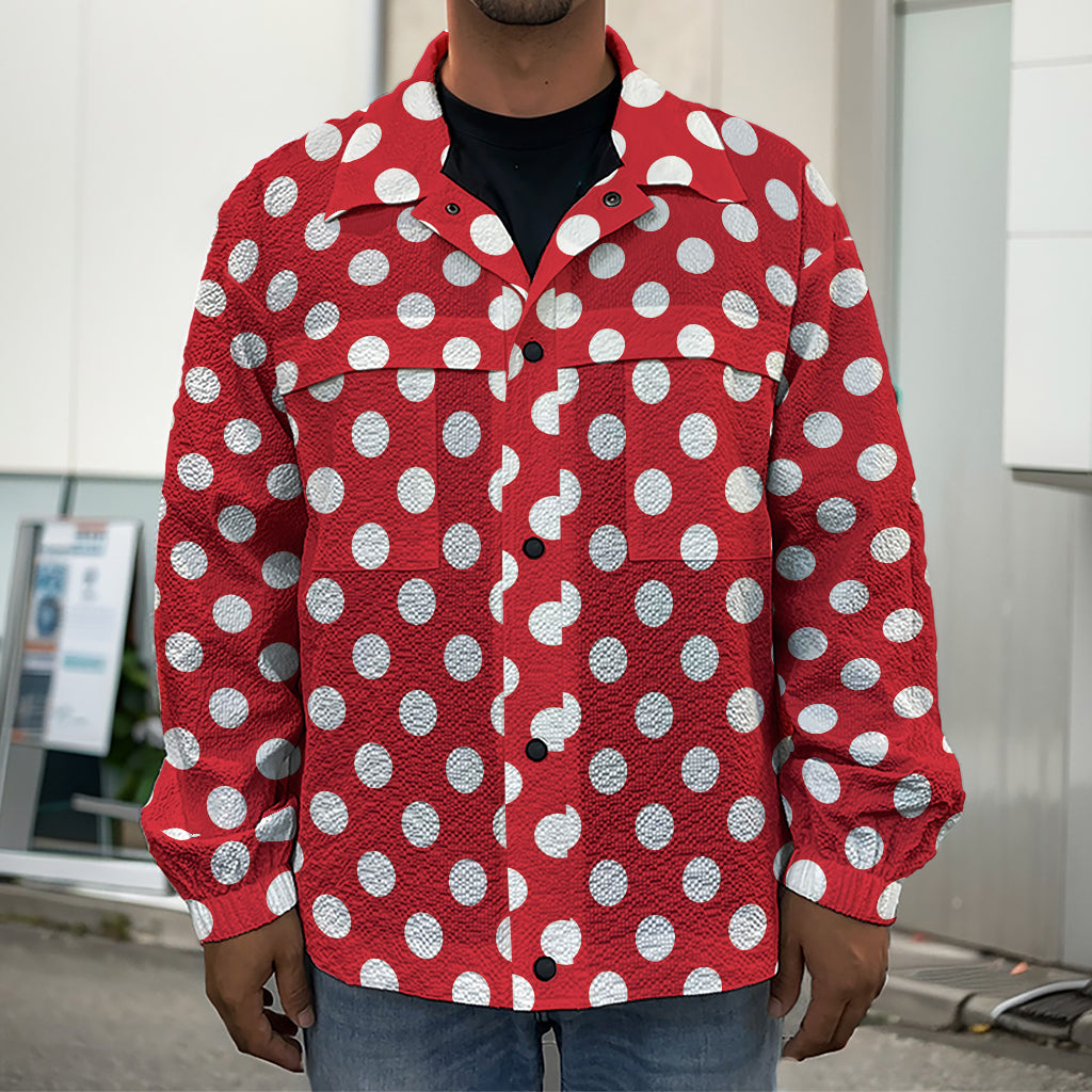 Red And White Polka Dot Pattern Print Men's Shirt Jacket