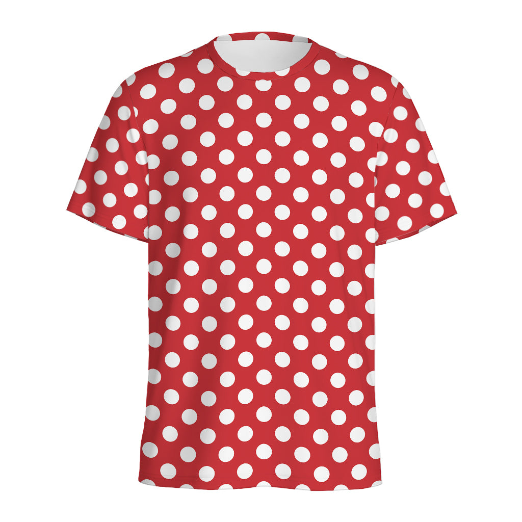 Red And White Polka Dot Pattern Print Men's Sports T-Shirt