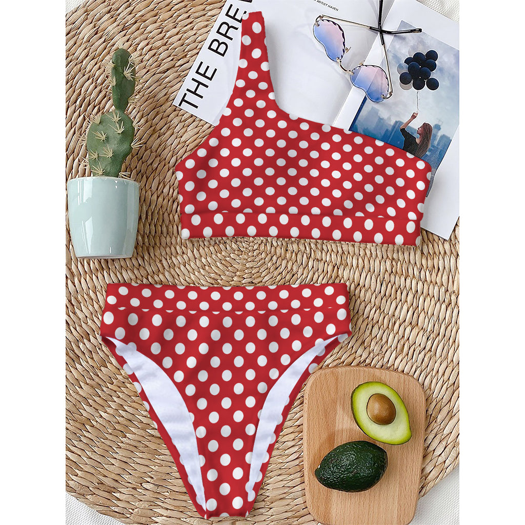 Red And White Polka Dot Pattern Print One Shoulder Bikini Top
