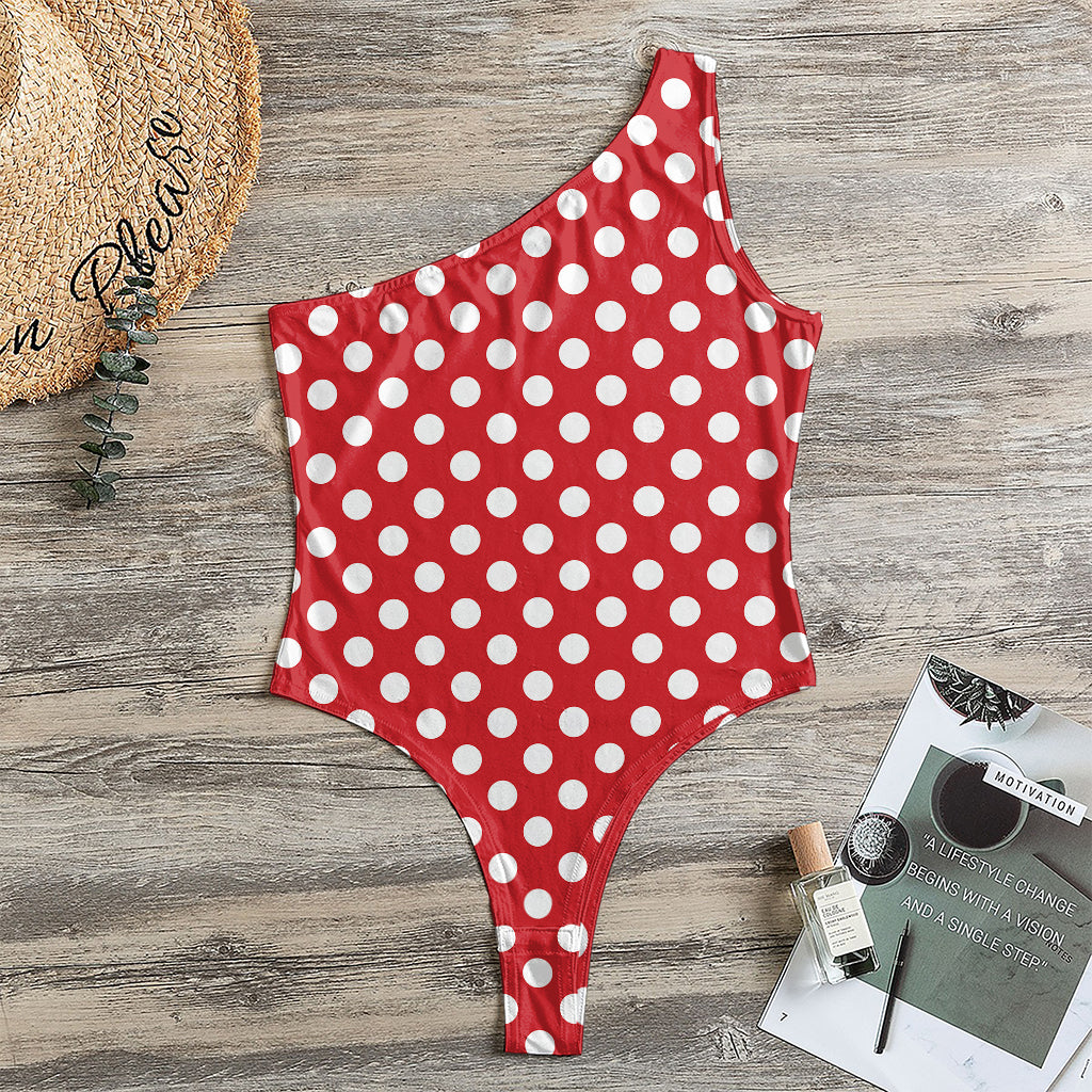 Red And White Polka Dot Pattern Print One Shoulder Bodysuit