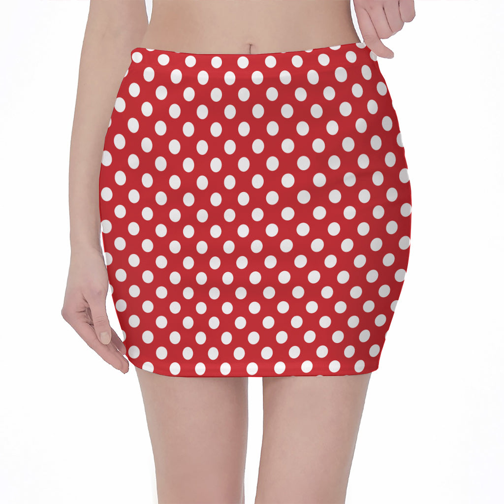 Red And White Polka Dot Pattern Print Pencil Mini Skirt