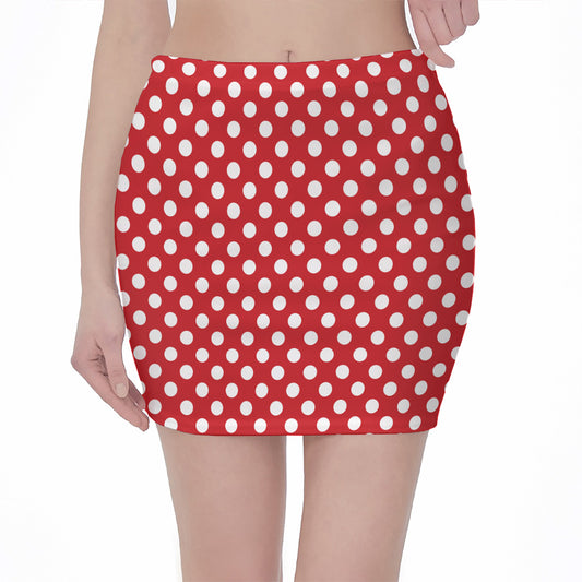 Red And White Polka Dot Pattern Print Pencil Mini Skirt