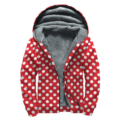 Red And White Polka Dot Pattern Print Sherpa Lined Zip Up Hoodie