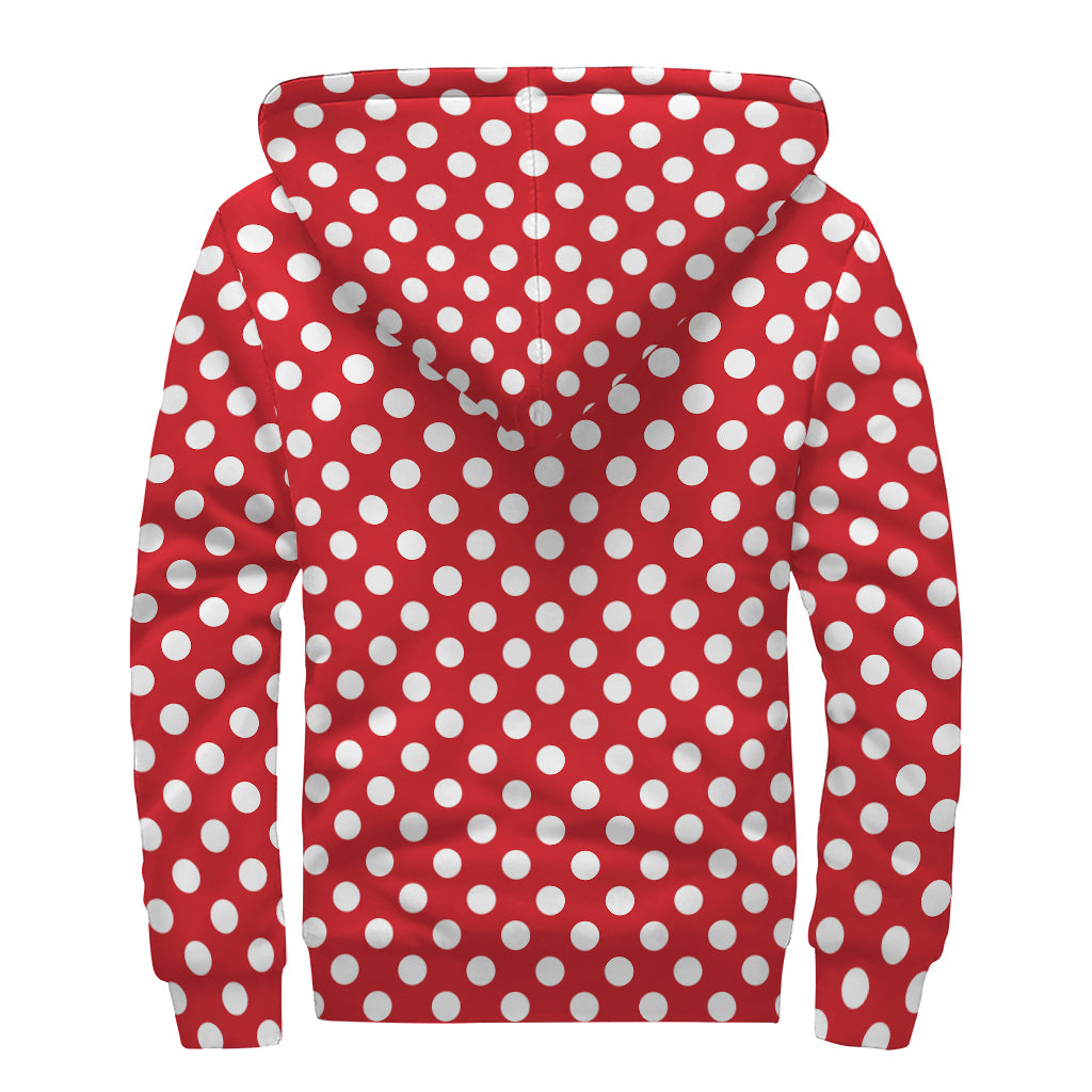 Red And White Polka Dot Pattern Print Sherpa Lined Zip Up Hoodie