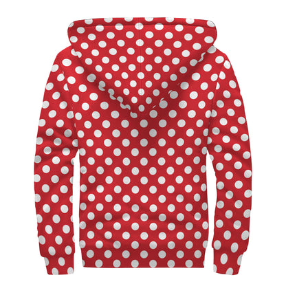 Red And White Polka Dot Pattern Print Sherpa Lined Zip Up Hoodie