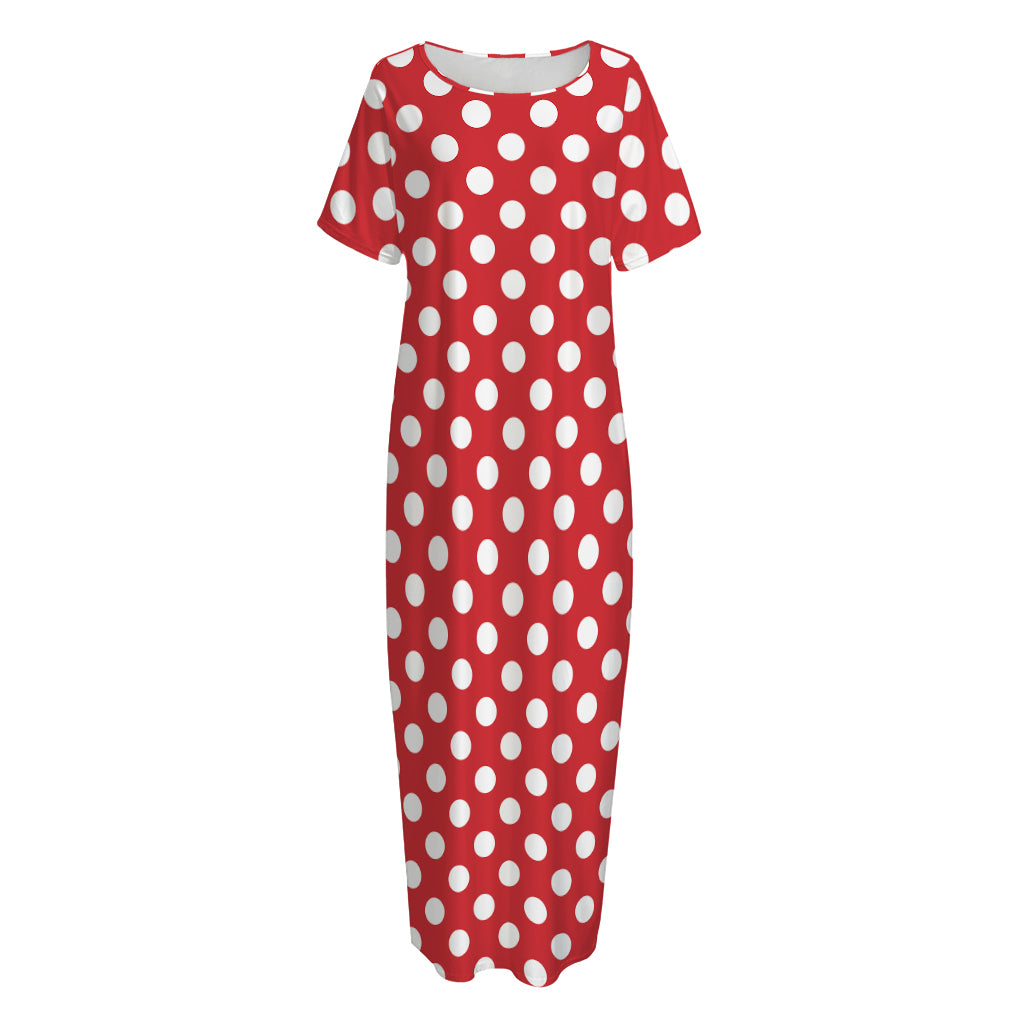 Red And White Polka Dot Pattern Print Short Sleeve Long Nightdress