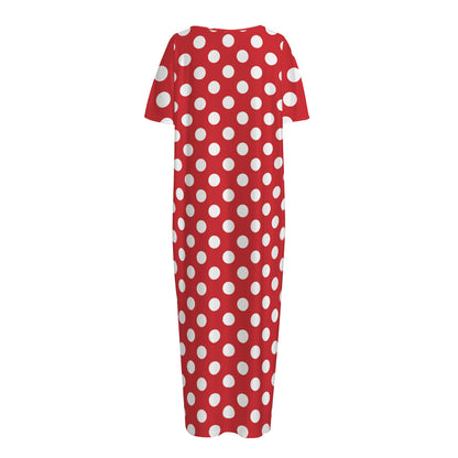 Red And White Polka Dot Pattern Print Short Sleeve Long Nightdress