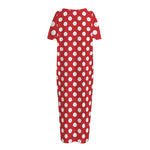 Red And White Polka Dot Pattern Print Short Sleeve Long Nightdress