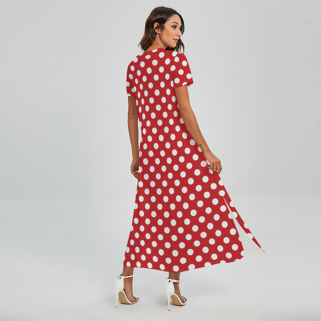 Red And White Polka Dot Pattern Print Short Sleeve Maxi Dress