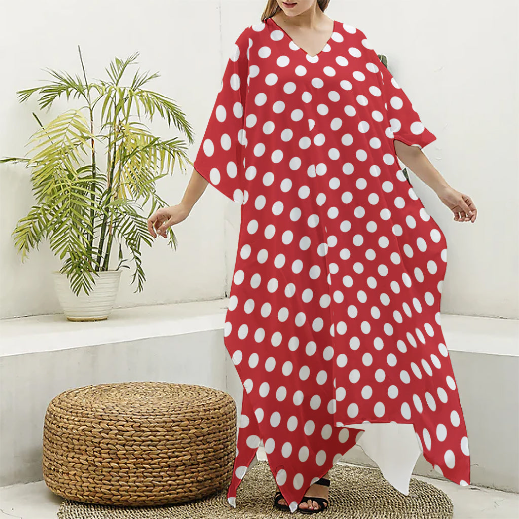 Red And White Polka Dot Pattern Print Silk V-Neck Kaftan Dress