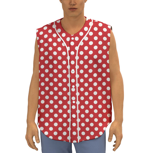 Red And White Polka Dot Pattern Print Sleeveless Baseball Jersey