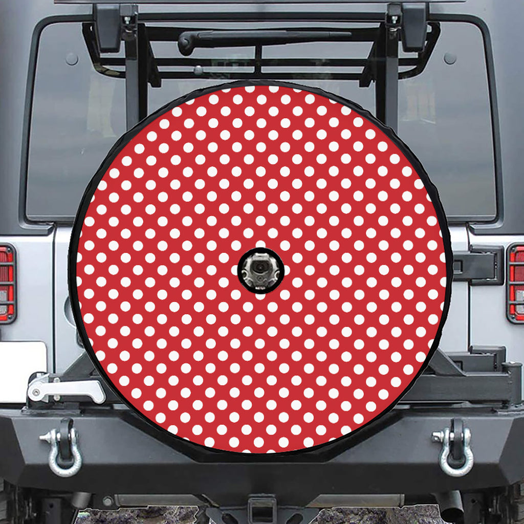 Red And White Polka Dot Pattern Print Tire Cover With Camera Hole