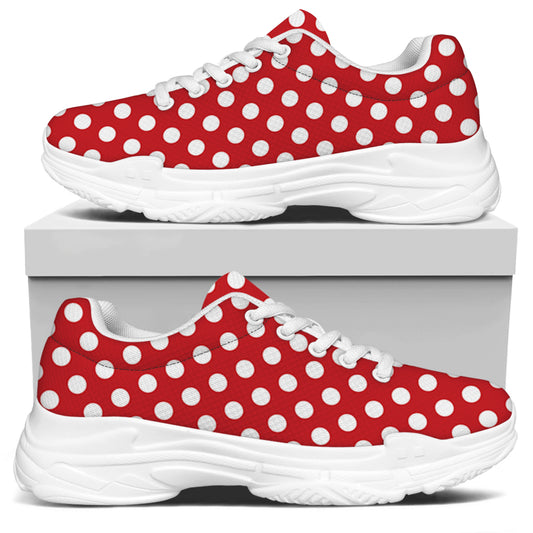 Red And White Polka Dot Pattern Print White Chunky Shoes