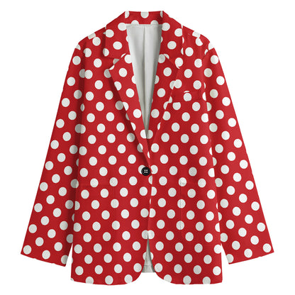 Red And White Polka Dot Pattern Print Women's Cotton Blazer