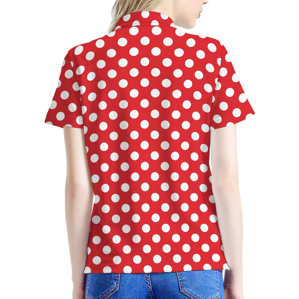 Red And White Polka Dot Pattern Print Women's Polo Shirt
