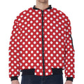 Red And White Polka Dot Pattern Print Zip Sleeve Bomber Jacket