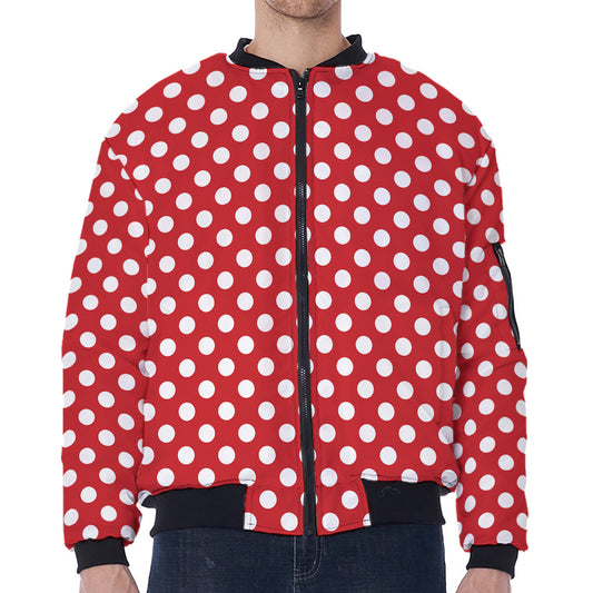 Red And White Polka Dot Pattern Print Zip Sleeve Bomber Jacket