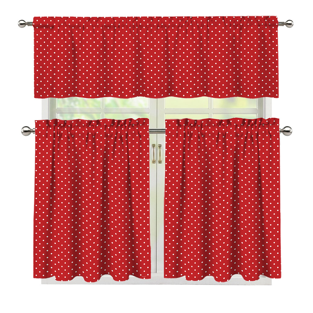 Red And White Polka Dot Print 3 Piece Kitchen Curtains