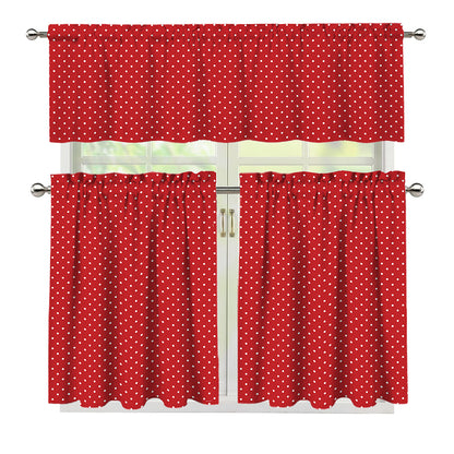 Red And White Polka Dot Print 3 Piece Kitchen Curtains