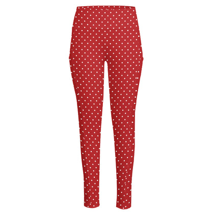 Red And White Polka Dot Print High-Waisted Pocket Leggings
