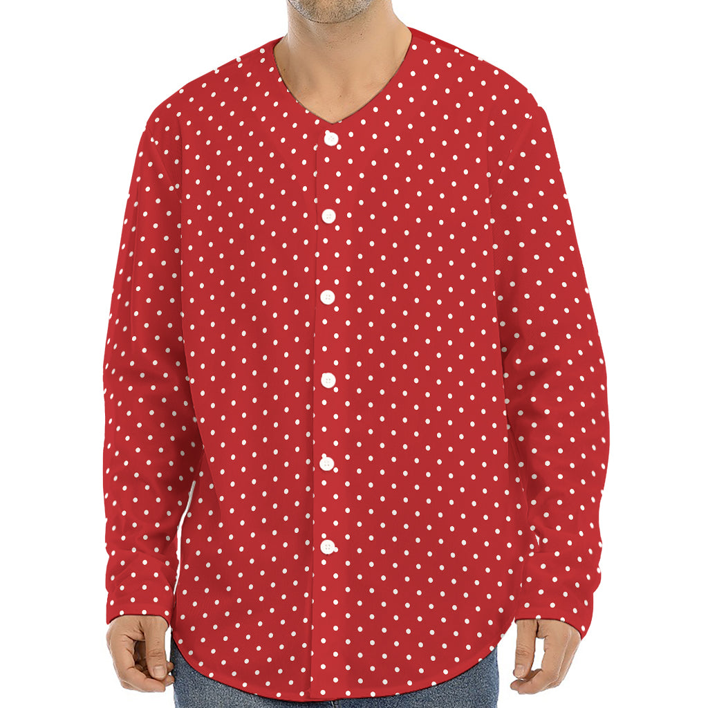 Red And White Polka Dot Print Long Sleeve Baseball Jersey