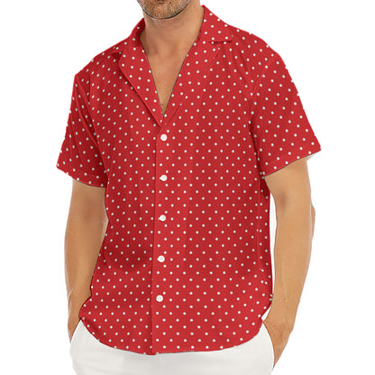 Red And White Polka Dot Print Men's Deep V-Neck Shirt
