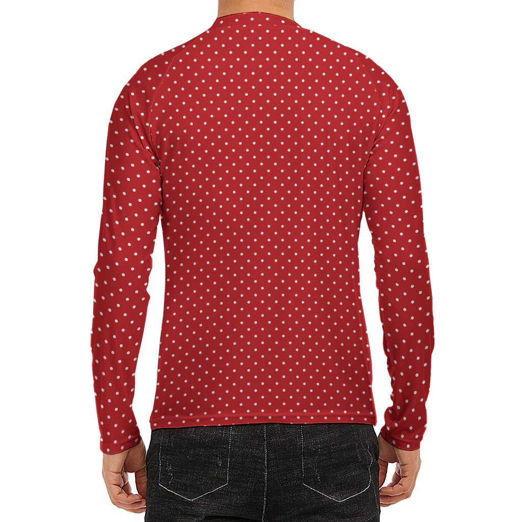 Red And White Polka Dot Print Men's Long Sleeve Rash Guard