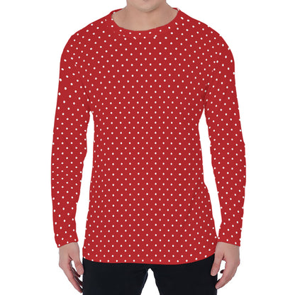 Red And White Polka Dot Print Men's Long Sleeve T-Shirt