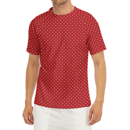 Red And White Polka Dot Print Men's Short Sleeve Rash Guard