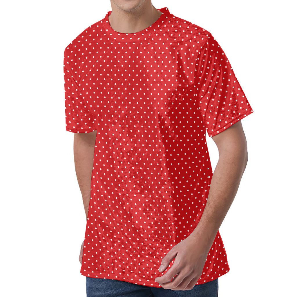 Red And White Polka Dot Print Men's Velvet T-Shirt
