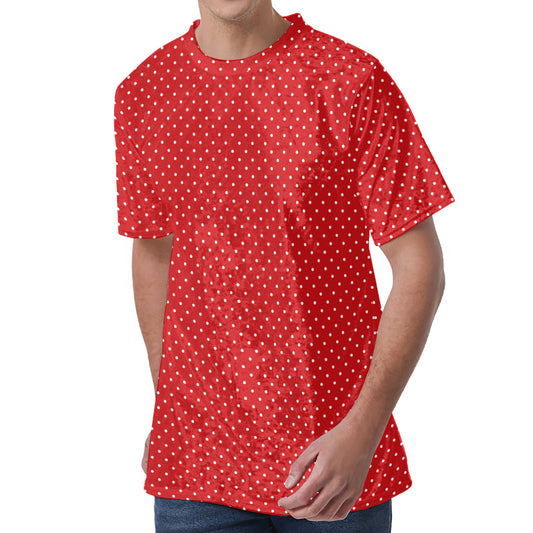Red And White Polka Dot Print Men's Velvet T-Shirt