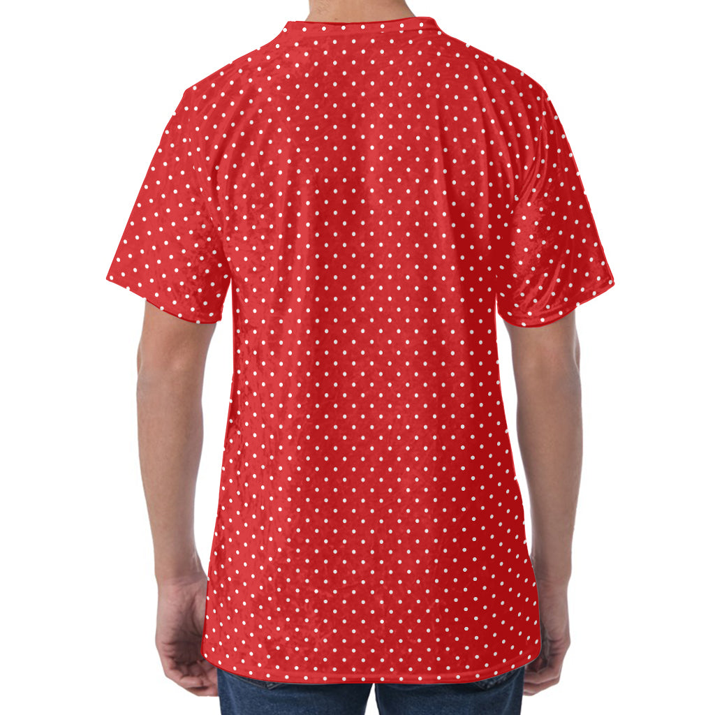 Red And White Polka Dot Print Men's Velvet T-Shirt