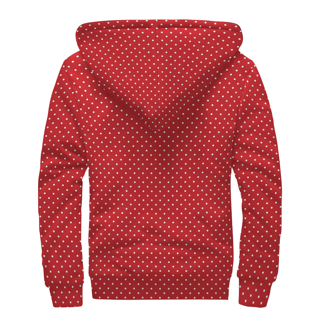 Red And White Polka Dot Print Sherpa Lined Zip Up Hoodie
