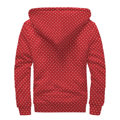 Red And White Polka Dot Print Sherpa Lined Zip Up Hoodie