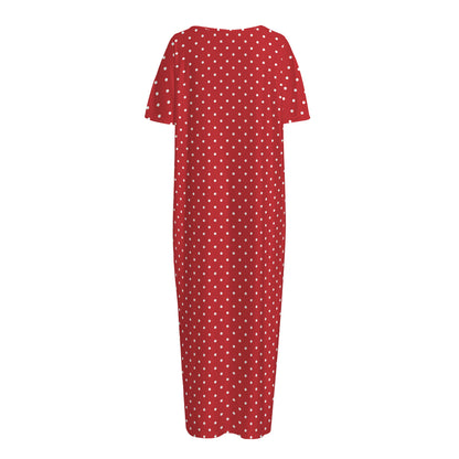 Red And White Polka Dot Print Short Sleeve Long Nightdress