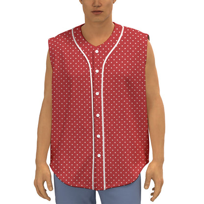 Red And White Polka Dot Print Sleeveless Baseball Jersey