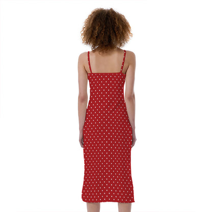 Red And White Polka Dot Print Slim Fit Midi Cami Dress