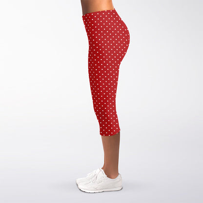 Red And White Polka Dot Print Women's Capri Leggings
