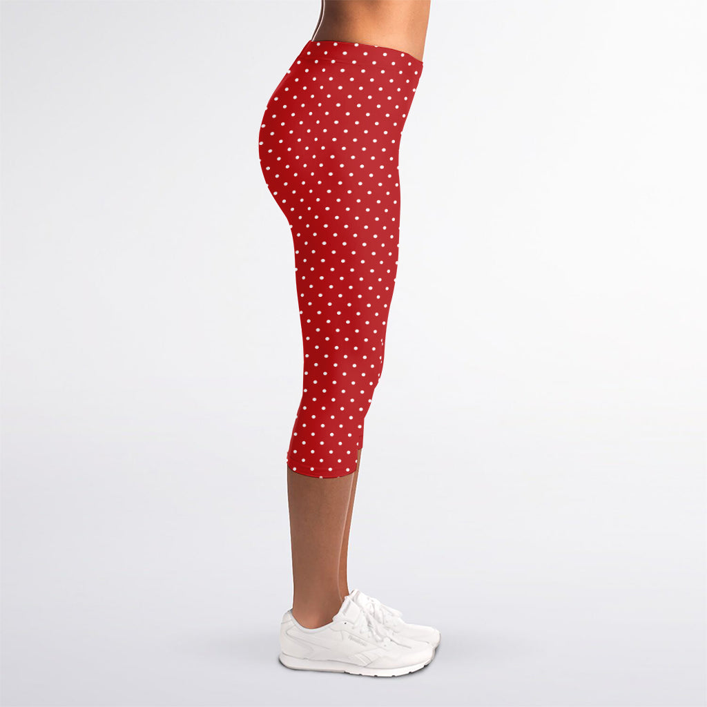 Red And White Polka Dot Print Women's Capri Leggings