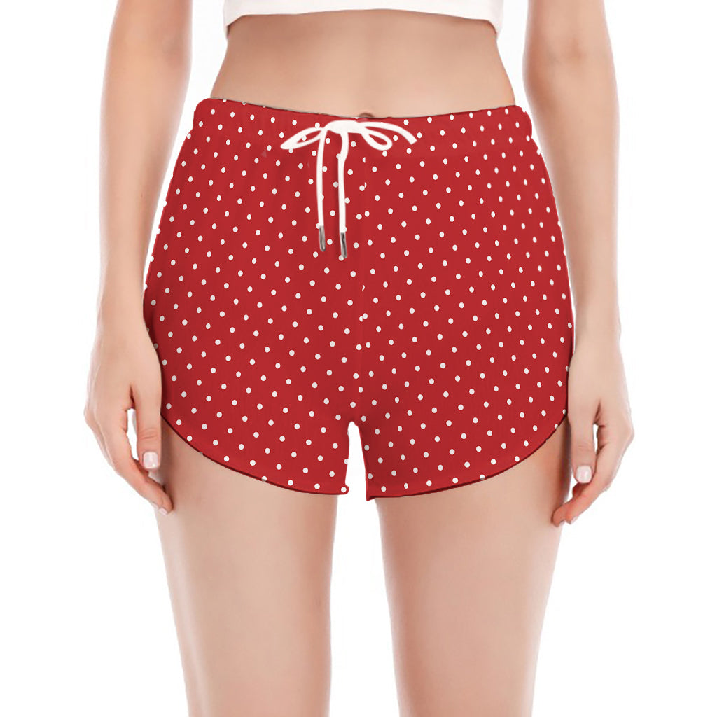 Red And White Polka Dot Print Women's Split Running Shorts
